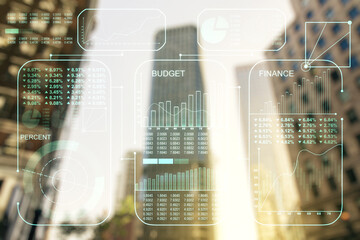Poster - Double exposure of abstract creative statistics data hologram on blurry cityscape background, analytics and forecasting concept
