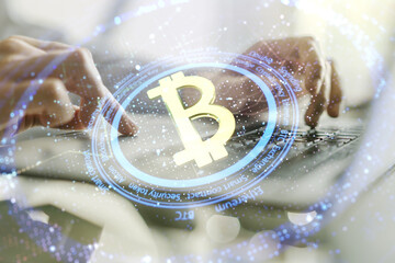 Poster - Creative Bitcoin concept with hands typing on computer keyboard on background. Double exposure