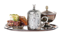 Tea And Turkish Delight Served In Vintage Tea Set On White Background