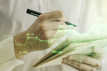 Aufkleber - Multi exposure of abstract graphic data spreadsheet sketch with man hand writing in diary on background, analytics and analysis concept