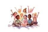Fototapeta Konie - group of happy children on white background. Illustration in watercolor painting style. Generative AI.