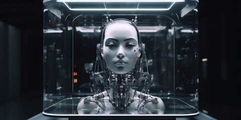 Beautiful female cyber fashion head of robot on the futuristic techno background. Artificial Intelligence. Quantum computer. AI Generative