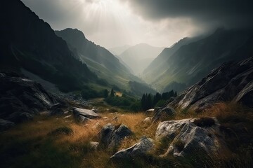 Wall Mural - Moody view of high mountains. Generative AI