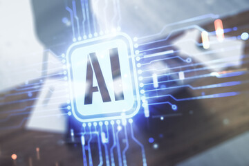 Poster - Double exposure of creative artificial Intelligence icon and modern desktop with laptop on background. Neural networks and machine learning concept