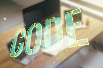 Aufkleber - Creative Code word hologram and modern desktop with laptop on background, artificial intelligence and neural networks concept. Multiexposure