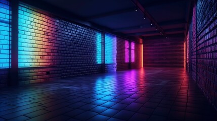 Wall Mural - illustration, an old brick wall with neon lights, ai generative