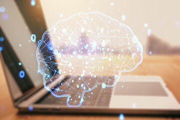 Aufkleber - Double exposure of creative human brain microcircuit with computer on background. Future technology and AI concept