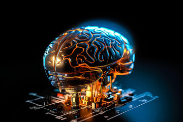Poster - Ai chipset with human brain on computer circuit board. Artificial intelligence, Data mining, and Deep learning modern computer technology. Ai CPU concept.