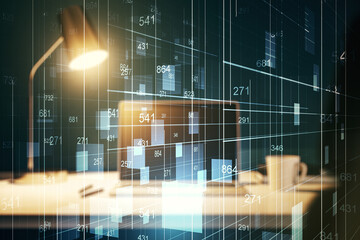Poster - Multi exposure of stats data illustration on modern laptop background, computing and analytics concept