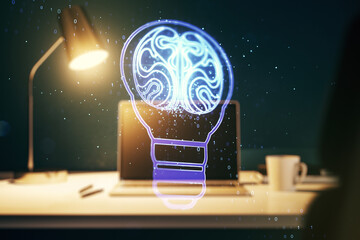 Poster - Double exposure of creative light bulb hologram with human brain on laptop background, idea and brainstorming concept