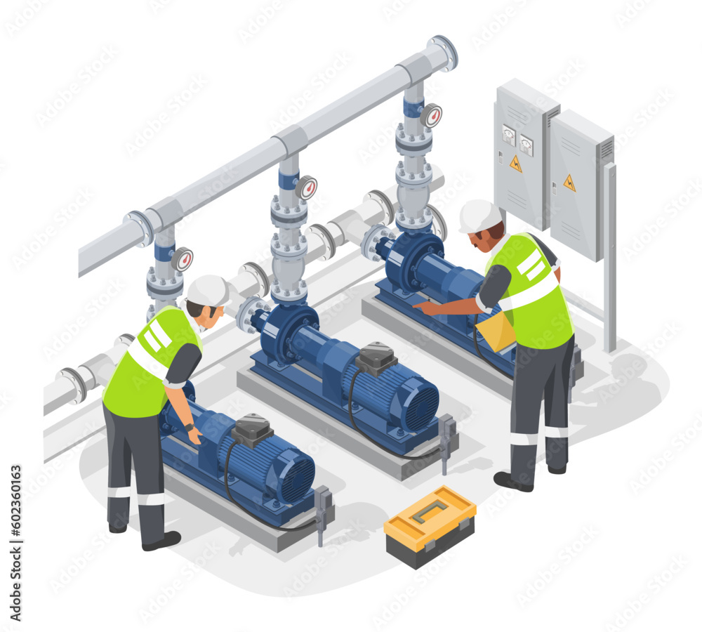 Industrial Water Pumps system room technician and Engineer inspection and  Maintenance Service Factory working concept isometric isolated cartoon  vector Stock Vector | Adobe Stock, image size:1000x900