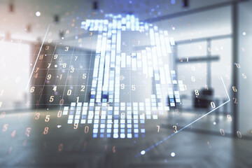 Poster - Double exposure of creative Bitcoin symbol hologram on a modern furnished office interior background. Mining and blockchain concept
