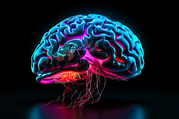 Poster - Brain abstract digital human brain. Neural network digital Electrical activity, flashes and lightning. Artificial brain, neon light abstract background.