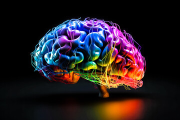 Poster - Brain abstract digital human brain. Neural network digital Electrical activity, flashes and lightning. Artificial brain, neon light abstract background.
