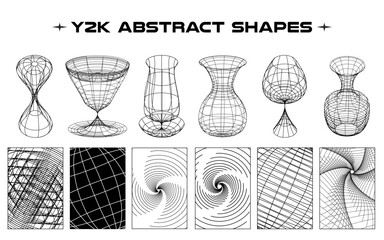 Poster - Set of abstract aesthetic y2k geometric elements and wireframe shapes. Black and white retro line design elements. Vector illustration for social networks or posters. EPS 10