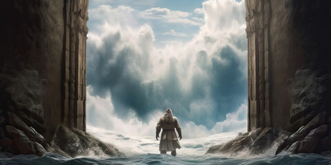 Wall Mural - Moses parting the Red Sea in the Exodus part of the Bible, generative ai