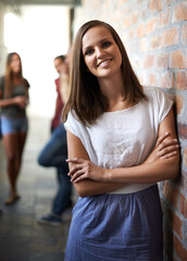 Canvas Print - Education, university and portrait of woman with crossed arms for academy, knowledge and learning. College, scholarship and happy female student with friends on campus for studying, class or school