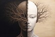 Surreal image of a face with half of it painted white and the other half painted black, with roots growing out of the bottom of the image and intertwining, Concept have the same roots. Generative AI
