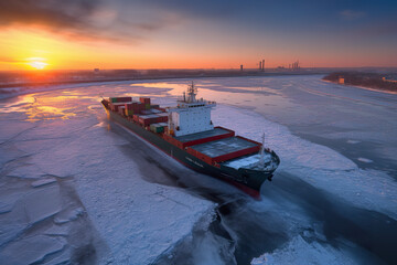 A large cargo ship traveling across a frozen lake. Generative AI.