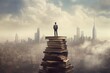 A writer standing on a giant stack of books, with a city skyline visible in the background, creating a surreal and metaphorical image of a writer's knowledge and creativity. Generative AI