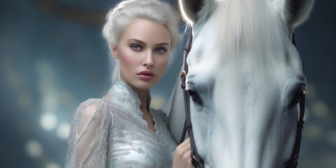 Wall Mural - Fashionable portrait of a beautiful young woman and white horse. AI Generative