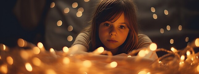 Wall Mural - lonely girl at christmas. Christmas lights in the background, in the style of moody tonalism, creative commons attribution, casey childs, redscale film, sparklecore, created with generative ai