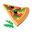Kawałek włoskiej pizzy. Pizza z pepperoni i dodatkami. Pyszna pizza - rysunek wektorowy, ilustracja do pizzerii. Włoskie danie na smacznym cieście. Smaczne jedzenie