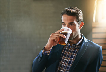 Sticker - Business man at pub, drinking beer and relax, social time or event with professional person at bistro. Hospitality industry, male customer at restaurant enjoying alcohol drink, thirsty with mockup