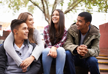 Poster - University, happy and friends on campus stairs in conversation, talking and chatting outdoors. Diversity, education and happy men and women students for social bonding on school, academy and college