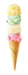 Wall Mural - Ice cream cone with four scoops isolated on a white background. Strawberry, vanilla, mint and lemon flavors in a waffle cone.