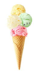 Aufkleber - Ice cream cone with four scoops isolated on a white background. Strawberry, vanilla, mint and lemon flavors in a waffle cone.