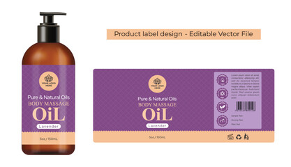 Massage oil label design, Hair oil body oil, spa product packaging design, aromatherapy essential oil bottle label design of the cosmetic product with realistic mockup illustration.