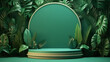 Nature 3D podium product platform, green jungle plant leaf background scene garden. Tropical beauty green cosmetic mockup podium platform for eco presentation. Generative AI illustration.