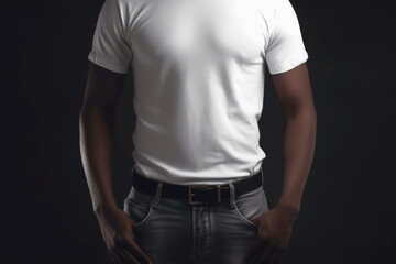 Wall Mural - Black Man wearing white t-shirt and jeans. Image of the torso of a man without a head. Tshirt blank white mock up. Generated by AI