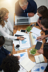 Poster - Business people in meeting with team, tech and market research paperwork on table and analysis of graphs. Review information, data analytics and employees work together with top view of collaboration