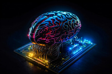 Poster - Ai chipset with human brain on computer circuit board. Artificial intelligence, Data mining, and Deep learning modern computer technology. Ai CPU concept.