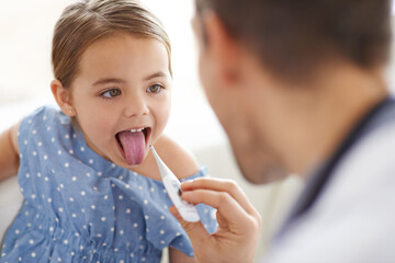 Girl kid, doctor and thermometer in hospital for medical risk, covid infection and fever. Pediatrician, sick child and mouth open for testing temperature, flu virus and healthcare service in clinic