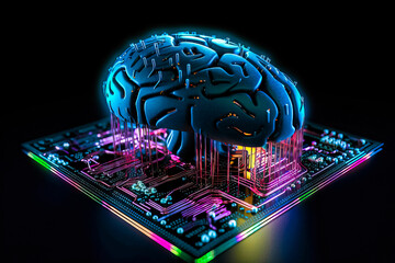 Poster - Ai chipset with human brain on computer circuit board. Artificial intelligence, Data mining, and Deep learning modern computer technology. Ai CPU concept.