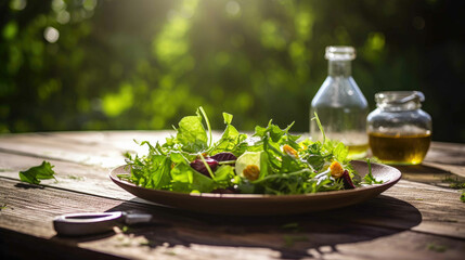 Fresh salad on wooden table, dressing oil with herbs, green garden in the background. Generative AI