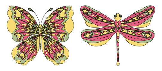 Wall Mural - Set Butterfly and Dragonfly. Coloring page for adults anti stress in zentangle style.