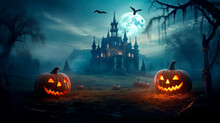 Halloween Background With Pumpkin And Bats. Generative AI.