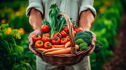 A farmer holds a basket of vegetables in his hands. Ingathering. Generative AI. 