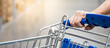 © Summer Paradive - Customer hand holding shopping cart in grocery store or supermarket aisle.