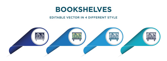 Poster - bookshelves icon in 4 different styles such as filled, color, glyph, colorful, lineal color. set of   vector for web, mobile, ui