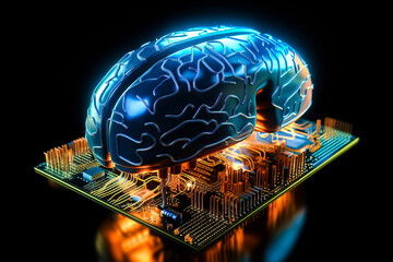 Poster - Ai chipset with human brain on computer circuit board. Artificial intelligence, Data mining, and Deep learning modern computer technology. Ai CPU concept.