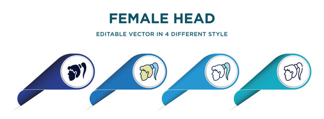 Poster - female head icon in 4 different styles such as filled, color, glyph, colorful, lineal color. set of   vector for web, mobile, ui