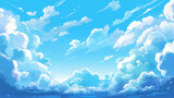 Fototapeta  - Blue sky with clouds. Anime style background with shining sun and white fluffy clouds. Heaven's with bright weather, summer season outdoor. Generative AI.