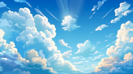 Canvas Print - blue sky with clouds. anime style background with shining sun and white fluffy clouds. heaven's with