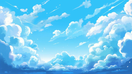 blue sky with clouds. anime style background with shining sun and white fluffy clouds. heaven's with