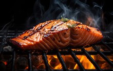 Tasty Roasted Salmon Steak Cooking Over The Grill With Flames Generative AI	